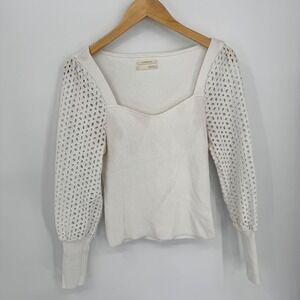 Anthropologie Embroidered Eyelet Puff Sleeve Sweater Size Small Ivory